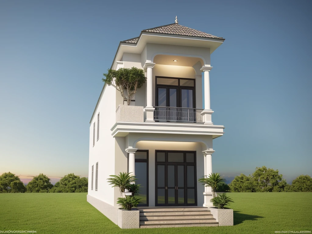 PLATFORM KTHOUSE, neoclassical villa, main materials of the villa are white walls: 1.2 and stone: 1.2, ((stone fence : 1.2)), 1 track in front of the house, (RAW photo, real, best quality, masterpiece: 1.2 ), neoclassical style, blue sky :1.3, (super realistic, actual photo:1.2), high quality, (sunrise light:1.3), perfect lighting, Archdaily, (many green trees)