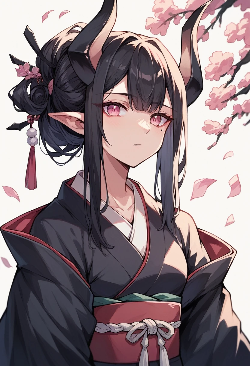 elven ears, dark black hair, long hairstyle, pink eyes, japanese style, japanese black kimono, black horns, a mole under the left eye