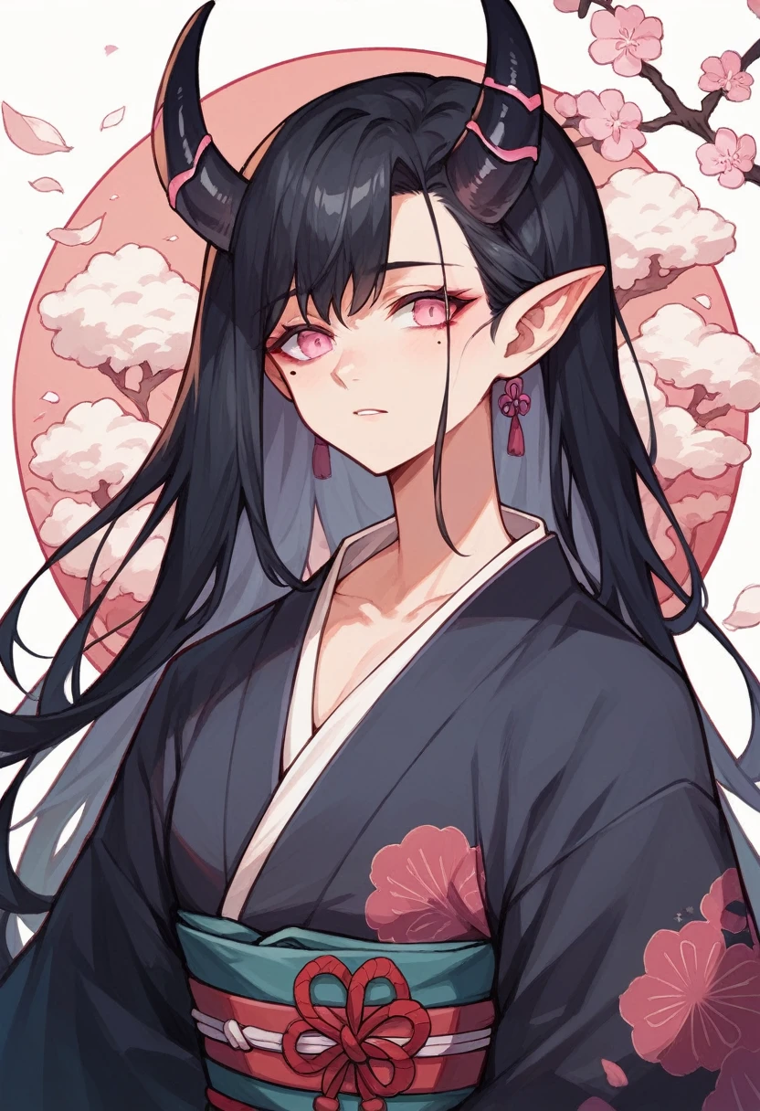 elven ears, dark black hair, long hairstyle, pink eyes, japanese style, japanese black kimono, black horns, a mole under the left eye