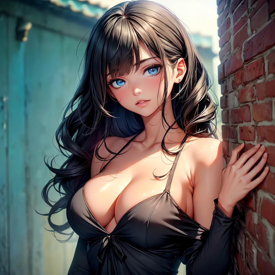 (8K, RAW photo, 最high quality, masterpiece: 1.2), High-definition RAW color photo, Professional photo shoot, cinematic light, alone, (((young woman, gal))), (Sharp features), (big eyes), (small face), (high detail skin: 1.2), clavicle, cute face, beautiful appearance, long eyelashes, (rainbow hair, blue eyes), (beautiful breasts:1.5), (slim body:1.5), Very detailed face and skin texture, fine eyes, natural makeup, camel toe, ((bionde, long bangs on one side, asymmetrical bangs, One eye hides, wavy hair)), slim body, ((shy:1.2)), big breasts, normal hip joint, blue eyes, cowboy shot, (((Black off-shoulder:1.5, dress, big breasts))), I enjoy dating, beautiful sunny day, (((wall background))), bright colors, blissful companionship, precious memories, A composition that highlights the beauty of a girl, staring eyes, beautiful skin, shiny skin, perfect fingers, five fingers, anatomically correct, background bokeh, high quality, surreal, bright colors, ((very detailed, photo shoot)),