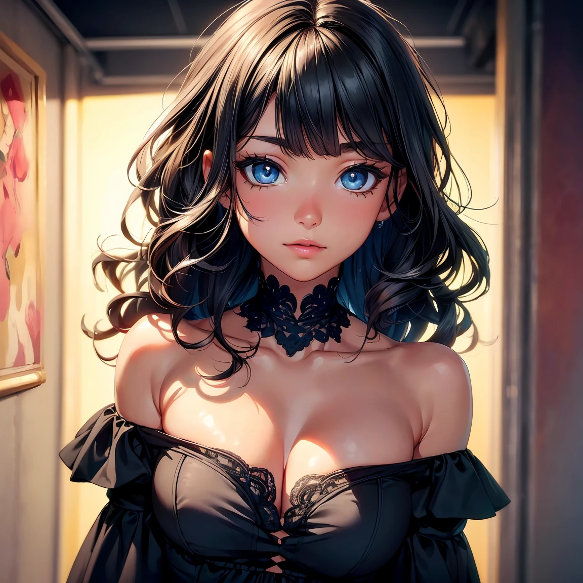 (8K, RAW photo, 最high quality, masterpiece: 1.2), High-definition RAW color photo, Professional photo shoot, cinematic light, alone, (((young woman, gal))), (Sharp features), (big eyes), (small face), (high detail skin: 1.2), clavicle, cute face, beautiful appearance, long eyelashes, (rainbow hair, blue eyes), (beautiful :1.5), (slim body:1.5), Very detailed face and skin texture, fine eyes, natural makeup, camel tnde, long bangs on one side, asymmetrical bangs, One eye hides, wavy hair)), slim body, ((shy:1.2)), big breasts, nornt, blue eyes, cowboy shot, (((Black off-shoulder:1.5, dress, big breasts))), I enjoy datful sunny day, (((wall background))), bright colors, blissful companionship, precious memories, A composition that highlights the beauty of a girl, staring eyes, beautiful skin, shiny skin, perfect fingers, five fingers, anatomically correct, background bokeh, high quality, surreal, bright colors, ((very detailed, photo shoot)),