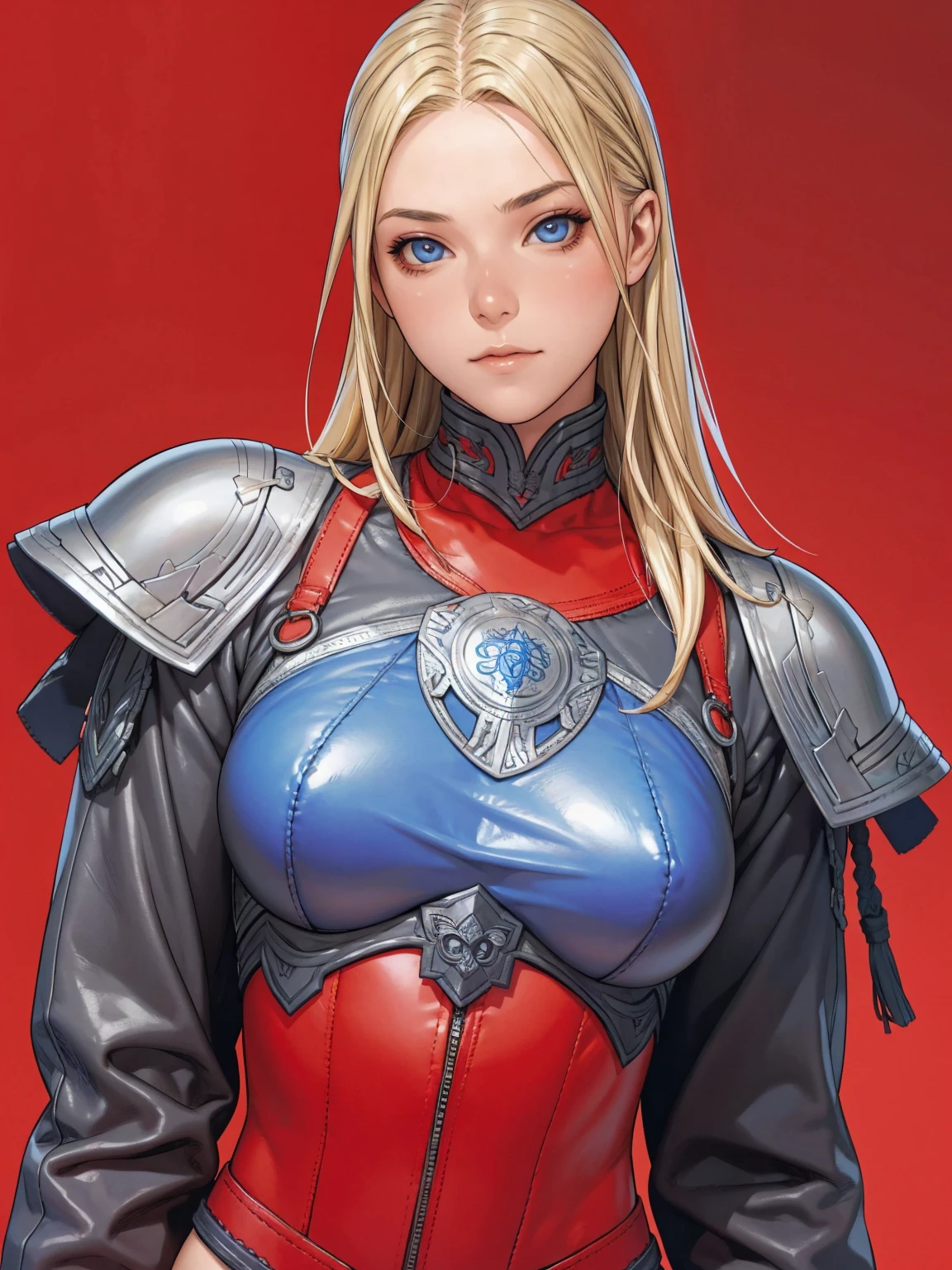 1 girl, viking, hair blonde, blue colored eyes, leather armour, gray clothes, Red clothing, Dark clothes, noble lady, burglar, fancy