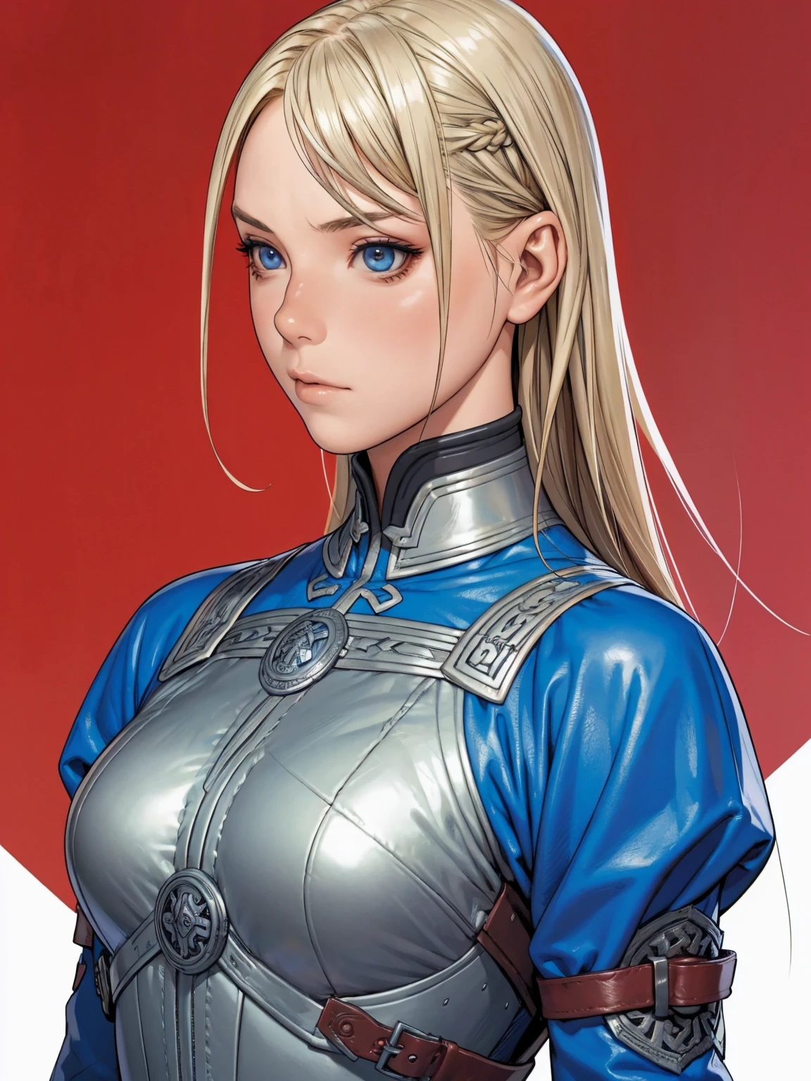 1 girl, viking, hair blonde, blue colored eyes, leather armour, gray clothes, Red clothing, Dark clothes, noble lady, burglar, fancy