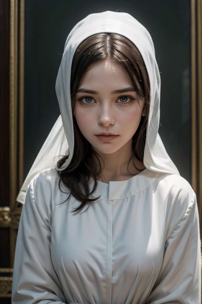 white woman, vampire, third eye in the forehead, wearing a white nun outfit, blonde hair, nighttime, iluminated by candles.