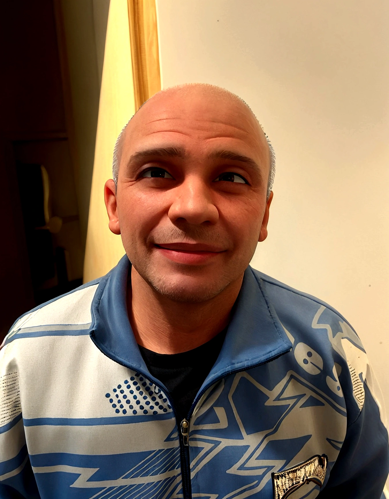 naughty man, baldie,40 year old, with a blouse, smiling. 