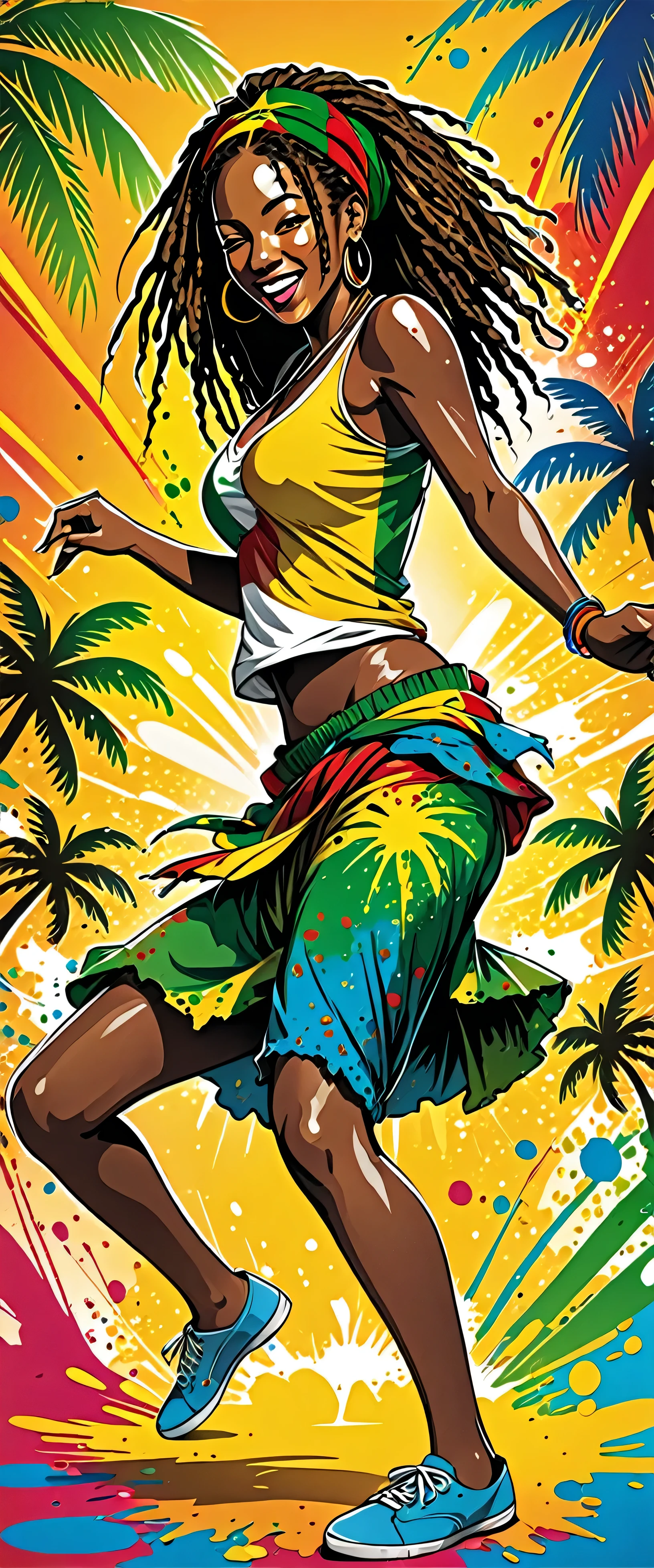 Vector art, Lots of Jamaican Reggae, Authentic Jamaican reggae music atmosphere，Color illustrations, in the center, Vibrant colors, Paint splatters and stains, High detail, 
Palm tree,Dancing