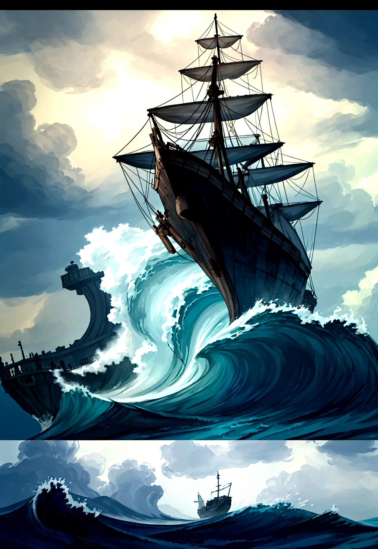 A majestic ship caught in a whimsical, raging storm, with giant, frothy waves crashing over the deck. Lightning illuminates the scene in a magical glow, revealing the wide-eyed, animated expressions of the passengers. The stormy sea and sky are painted with rich, vibrant colors, capturing the enchanting yet dramatic essence of a Studio Ghibli adventure.”