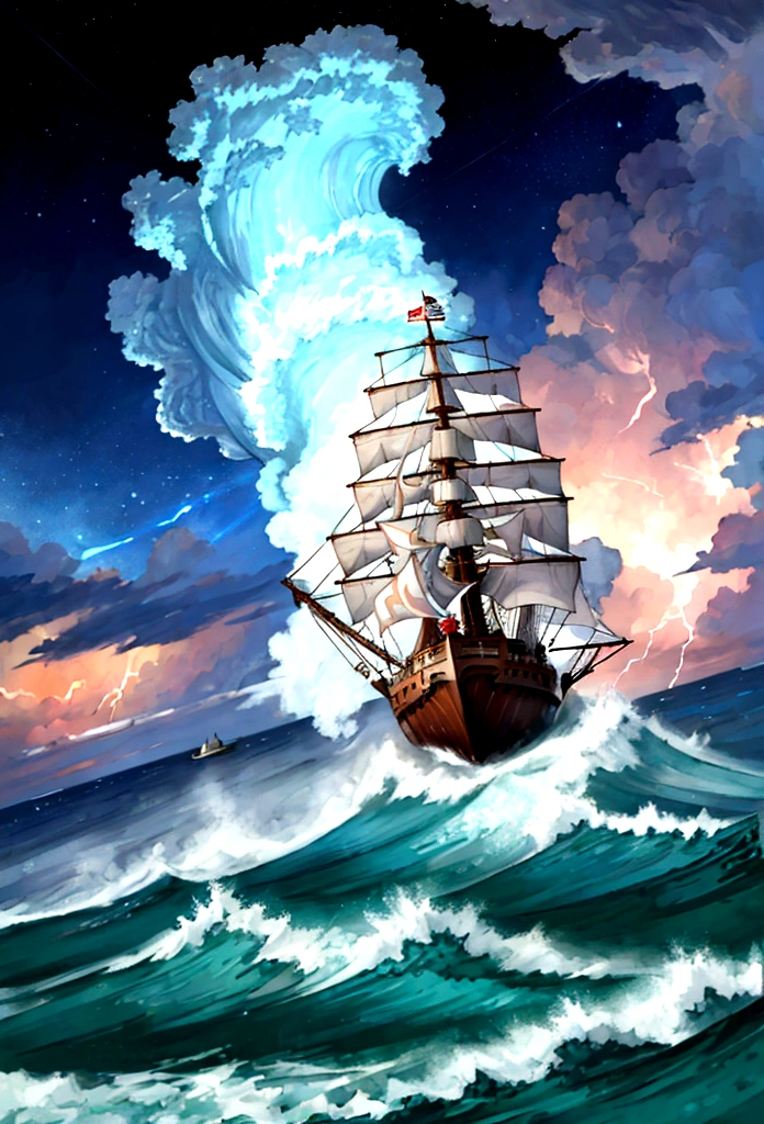 A majestic ship caught in a whimsical, raging storm, with giant, frothy waves crashing over the deck. Lightning illuminates the scene in a magical glow, revealing the wide-eyed, animated expressions of the passengers. The stormy sea and sky are painted with rich, vibrant colors, capturing the enchanting yet dramatic essence of a Studio Ghibli adventure.”