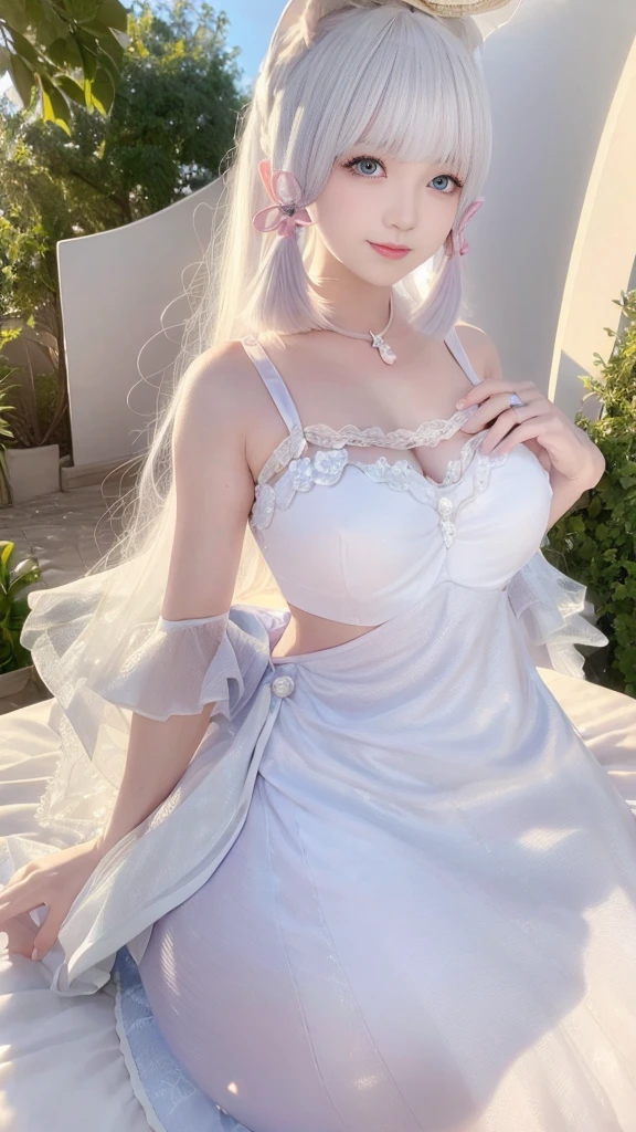 Realistically, high resolution, Soft Lighting, (Only 1 piece:1.5)，(1 female 1:1.5), Huge breasts，Radiant skin, Delicate skin, Solitary, Lift your hips slightly, Just looking at the audience, Laugh happily，(Delicate face), White hair, High Ponytail，Pink hair accessories，Long white hair，blue eyes, Transparent tulle headband，The clothes are transparent，The background is the garden（Full of colorful roses）