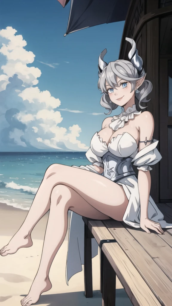 Beautiful arts wallpaper Sunset Outside castle top High level image quality best image quality 8K adult woman silver castle outside more colors whole body view portrait wearing pure white pirate dress horn ears short hair((shortcut)(gray hair)(perm)(fluffy)) eye color is blue , , attractive evil face , smile , beach , labrynth , barefoot , teasing with her breast, , sitting with crossed legs , waves