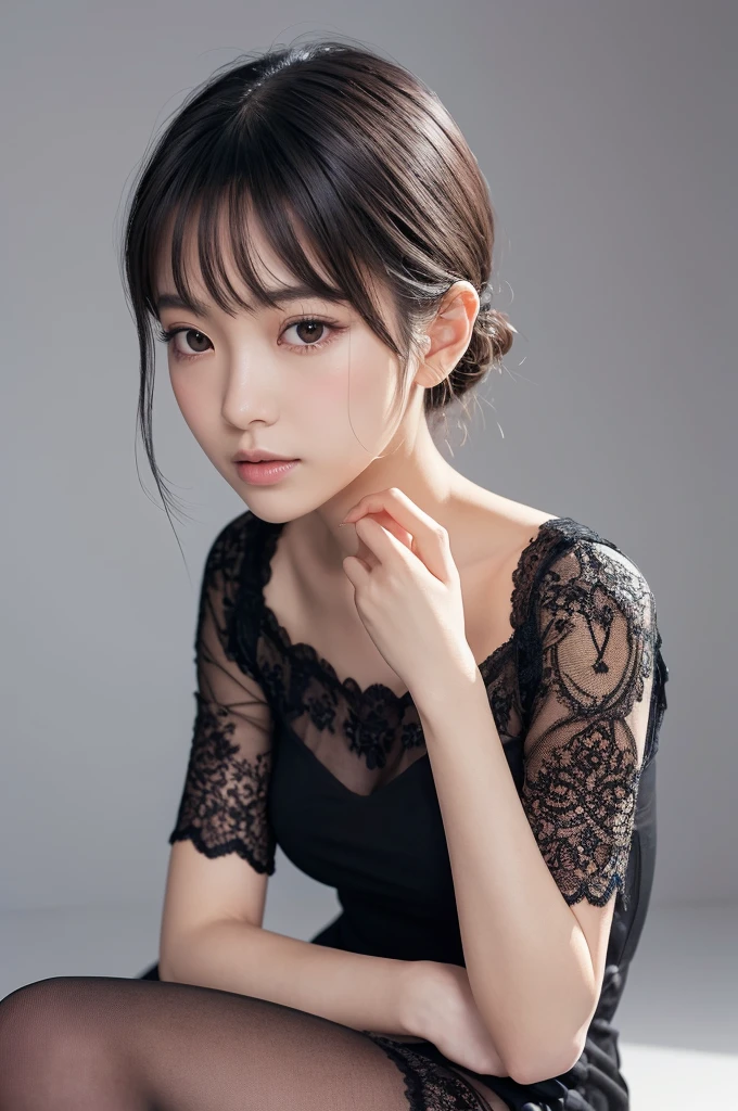 A beautiful Japanese girl is depicted in a vertical, ultra-realistic illustration, sitting gracefully against a minimalistic background. She has short, silver hair that frames her face, with a serene and introspective expression. She wears a thin, black lace dress with intricate details, accentuating her delicate figure. Her pose is gentle, with one hand resting on her knee and the other softly placed beside her.

The background is a stark, white space with abstract, wire-like structures surrounding her, adding a surreal and modern touch. The artist employs digital painting techniques to achieve high detail and realism, particularly in the textures of her hair, skin, and the lace fabric of her dress. The soft lighting casts subtle shadows, enhancing the ethereal and contemplative mood of the scene.