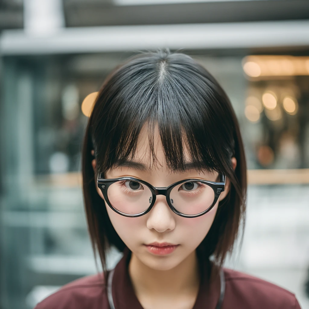 The face is of a Chinese girl wearing round glasses with black frames