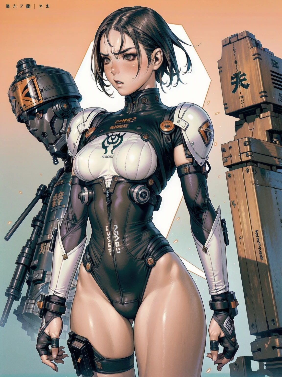 (((Juri Street Fighter))), ((best qualityer)), (((Angry))), (((slim))), (Muscles), (((fit body armor suit))), ((Perfect masterpiece)), (detailded: 1.4), (absurdrez), (((long hair with heavy bangs covering the entire forehead))), (((full body fitness, Venom symbol)), (((short hair woman, blushful))), 21 year old woman, beautiful sexy woman, giant robot pilot, wild with perfect corpo fitness, wearing small mecha battle armor clothes, tiny thong, Shonen manga style, clothing with Japanese cyberpunk graphic patterns, Halftone pattern and vertical stripes, earth tone, exiting the body of a giant robot, (((cowboy shot)))