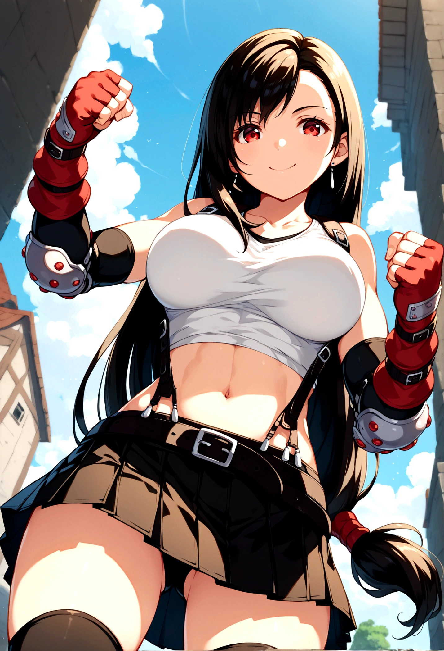 score_9, score_8_up, score_7_up,,BREAK , ,from below,low view,low angle,pov,straight-on,,standing,contrapost, ,,straight-on,Solo ,1girl, tifa lockhart, final fantasy, tareme,black hair, low-tied long hair, red eyes, bangs, (white tank top, belt, pleated skirt, thighhighs, elbow fingerless gloves, elbow pads, midriff, navel,suspender skirt) ,(large_breast),(light smile),fist,fist,daytime,outdoor,(ultra detailed),(best quality),(aesthetic,very aesthetic),UHD,extremely detailed CG unity 8k wallpaper,anime,depth of field,,,