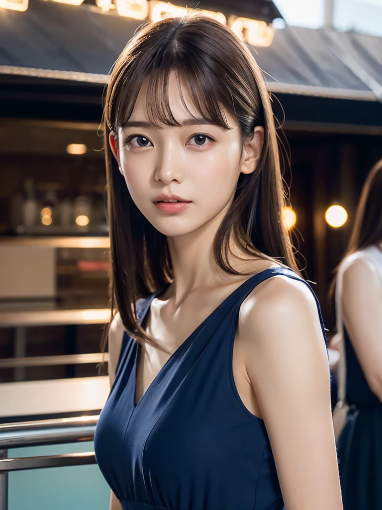 1womanl, Sleeveless navy blue long dress 、very cute (
Full-length portrait),city, cafe street at night,mideum breasts, light brown hair, Blunt bangs, hair behind ear, hair over shoulder, Long hair, slender body shape, Ultra Fine Face, Thin face, Delicate lips, Beautiful eyes, thin blush, eyes are light brown, perfect glossy skin, flawless skin, Glistening sweat,View here, Ultra-thin hands, Ultra-fine fingers, best ratio four finger and one thumb, (realisitic:1.3), See-through white blouse. An amusement park, One-person viewpoint, Fuji Film, F/1.2, 8K, masutepiece, nffsw, Super Detail, High quality, Best Quality, hight resolution