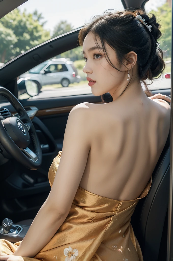 (((best quality))),(((ultra detailed))),(((masterpiece))),illustration,((1 beautiful girl,female driver,solo)),((sitting on the seat)),((in the car)),((slim,thin)),((shoulder off,strapless,bare back,towering hips,butt crack)),parked,roadside,vibrant,(floral sheer pajama dress:1.3),graceful,(short ponytail:1.2),delicate,features,eyes,focused,ahead,calm,concentration,classic,convertible,evening,breeze,caress,adjusted,,frame,confident,steering,wheel,delicate,hands,maneuver,control,world,setting,sun,warm,glow,illuminate,sky,canvas,match,road,stretch,explore,possibilities,background,town,life,evening,shops,opening,doors,people,strolling,cool,air,atmosphere,peaceful,serene,contrast,chaos,city,independence,societal,norms,constraints,destiny,embrace,challenges,symbol,strength,resilience,spirit,summer,((from back,upper body))