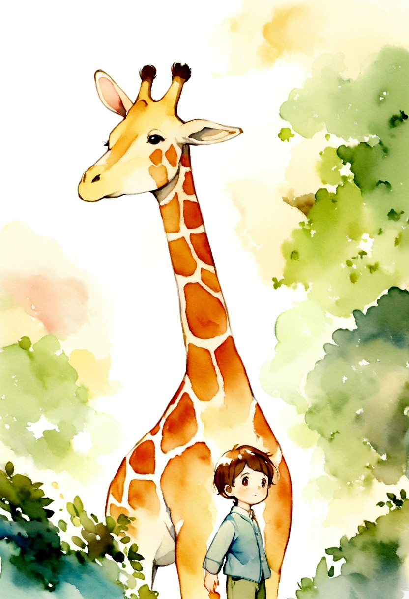 A boy about 4 years old and a giraffe　Picture books　Watercolor