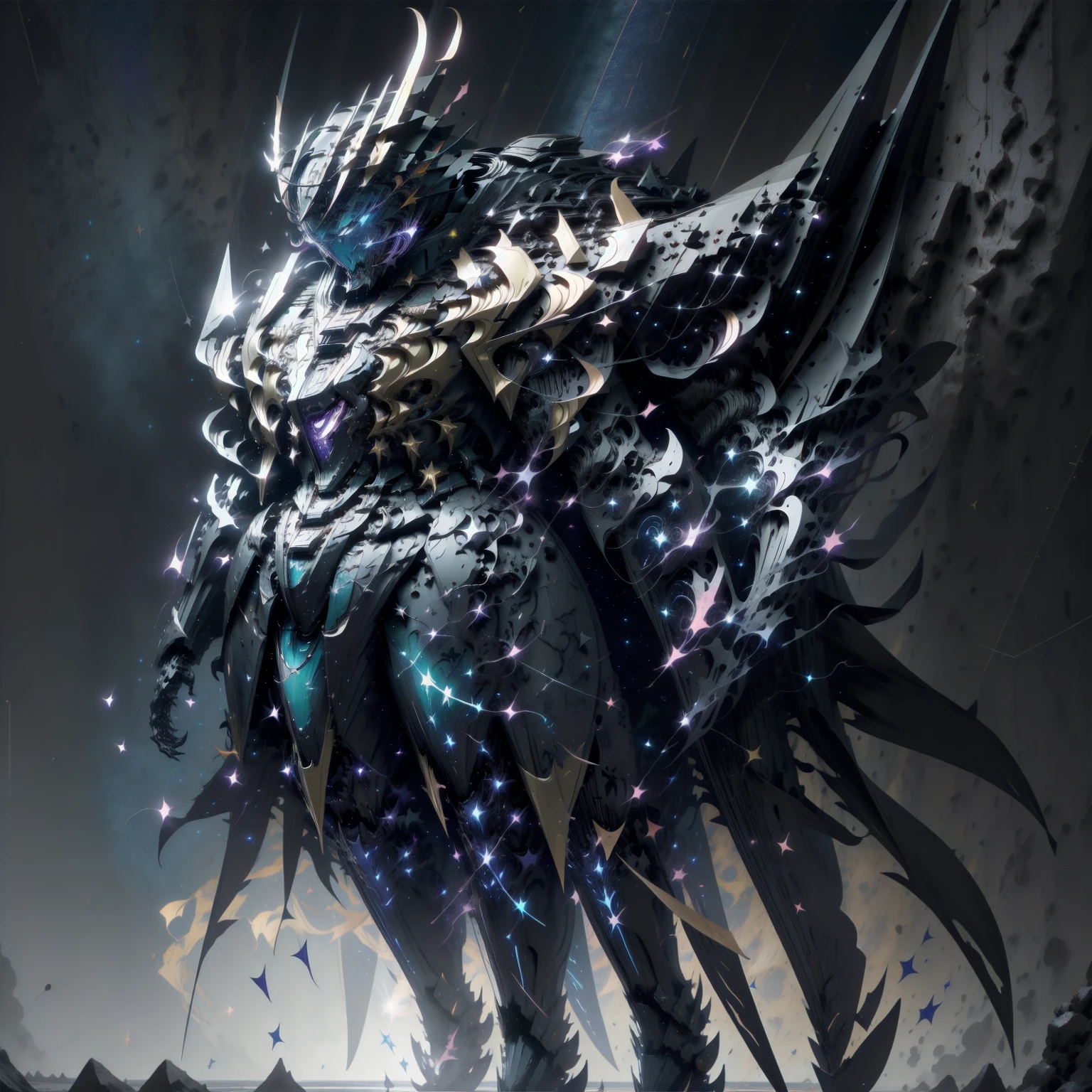 A Dragon Emperor in the Milky Way, Sun Surface on background, Golden Saint Seiya Limb Armor, (Cloak), (Dragon Symbol: 1.5), (Gundam Exia: 1.5), (Starry Sky: 1.8) (Mecha) (Mechanical) (Armor), (Open leg: 1.3), Perfect, (Wide Angle), (Black Background: 1.6), Best Quality, Masterpiece, Super Resolution, (Reality: 1.4), Crazy Detail, Unrealistic Engine Style, Boca Effect, David La Chapelle style lens, bioluminescent palette: light blue, light gold, light pink, bright white, wide angle, ultra-fine, cinematic still life, vibrant, Sakimichan style, perfect eyes, highest image quality 8K, inspired by Harry Winston, Canon EOS R 6 shooting masterpiece "Chaos 50,--, under eye mole, ray tracing, surrealism, textured skin --s2