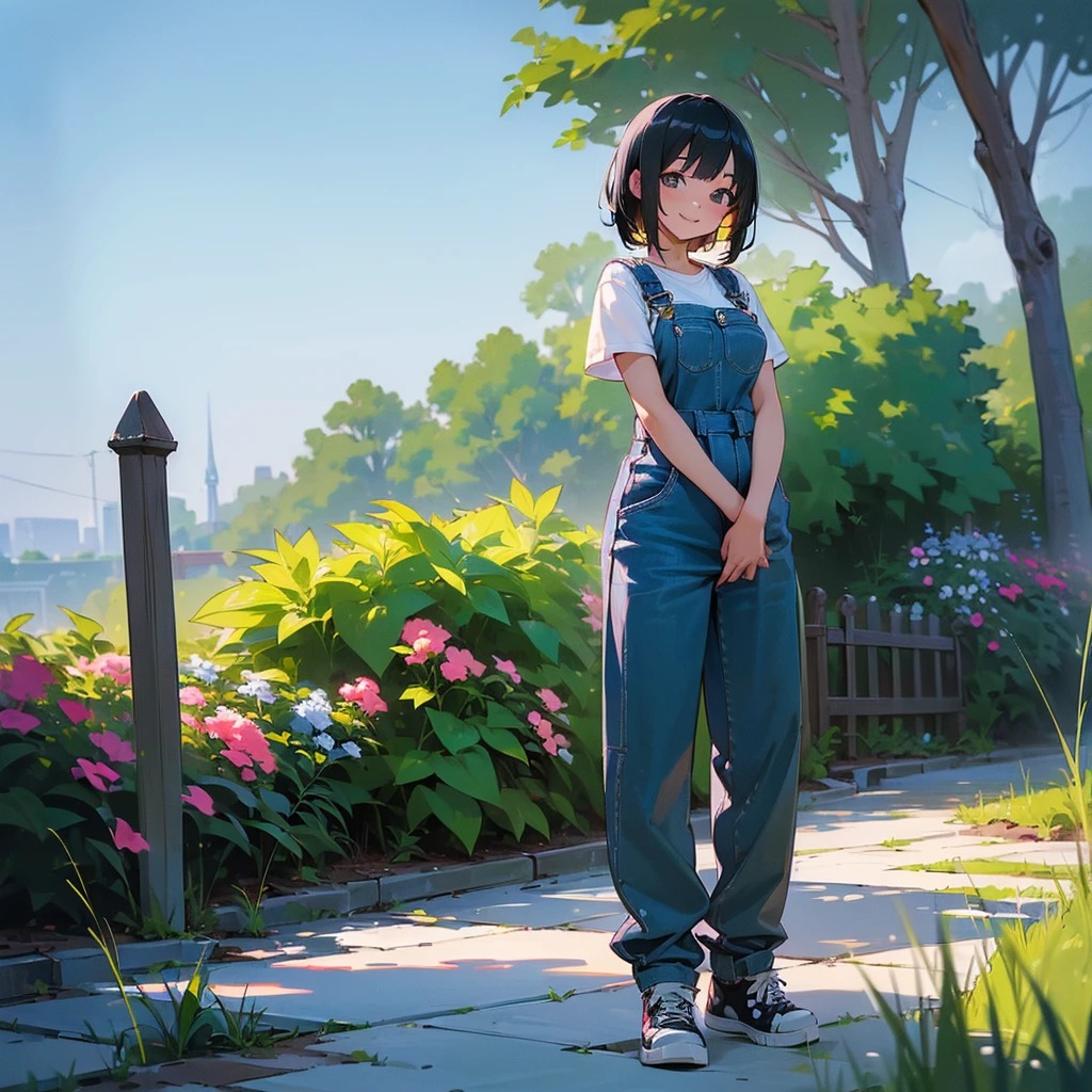 (high quality, High resolution, Very detailed, reality:1.37), Peaceful atmosphere, (Outdoor, garden), Teenage girl standing alone, (my breasts are big.), Beautiful details, Cute Smile, (Black bob hair), Short sleeve shirt, Overalls, Blue socks, sneakers.