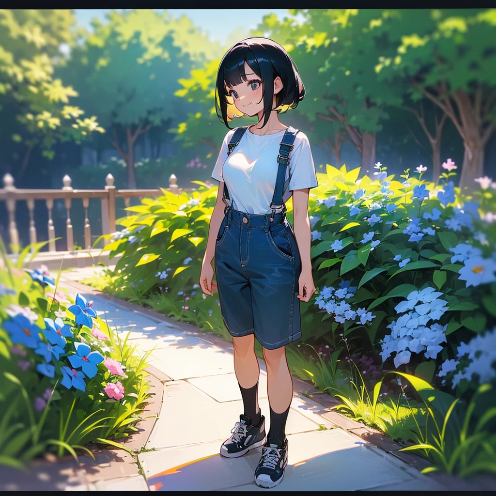 (high quality, High resolution, Very detailed, reality:1.37), Peaceful atmosphere, (Outdoor, garden), Teenage girl standing alone, (my breasts are big.), Beautiful details, Cute Smile, (Black bob hair), Short sleeve shirt, Overalls, Blue socks, sneakers.