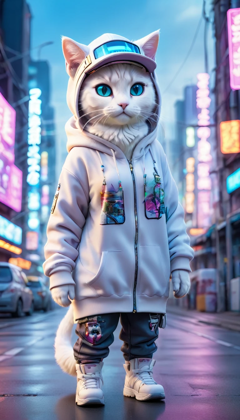 Cute white cat dressed in urban clothing, one hoodie, futuristic visor hat, standing on the road in a hi-tech cityscape with neon lights and holographic signs. Background has a modern, cyberpunk, hi-tech feel. Adorable digital painting, 3D rendering, bright lighting, vibrant colors.