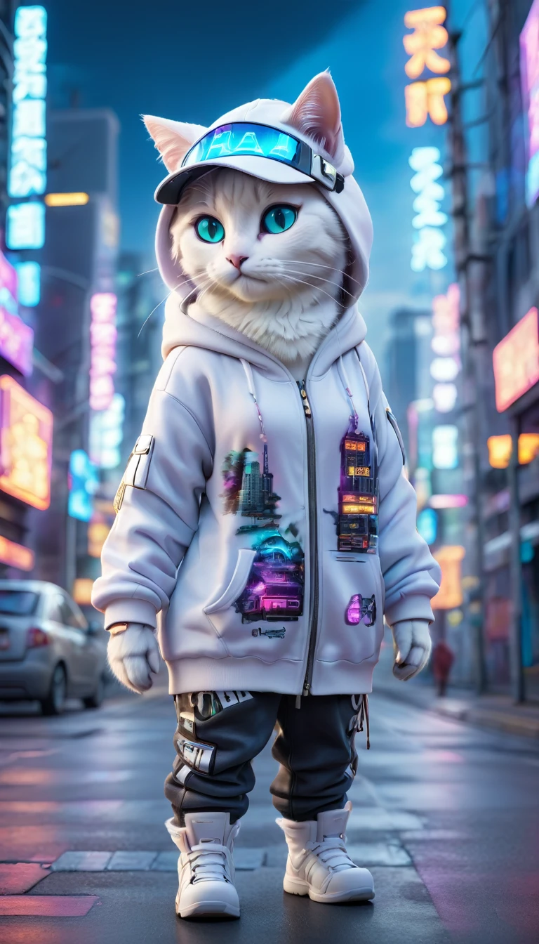 Cute white cat dressed in urban clothing, one hoodie, futuristic visor hat, standing on the road in a hi-tech cityscape with neon lights and holographic signs. Background has a modern, cyberpunk, hi-tech feel. Adorable digital painting, 3D rendering, bright lighting, vibrant colors.