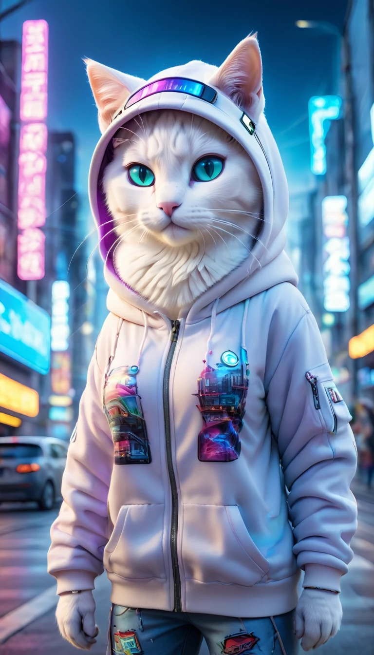 Cute white cat dressed in urban clothing, one hoodie, futuristic visor hat, standing on the road in a hi-tech cityscape with neon lights and holographic signs. Background has a modern, cyberpunk, hi-tech feel. Adorable digital painting, 3D rendering, bright lighting, vibrant colors.