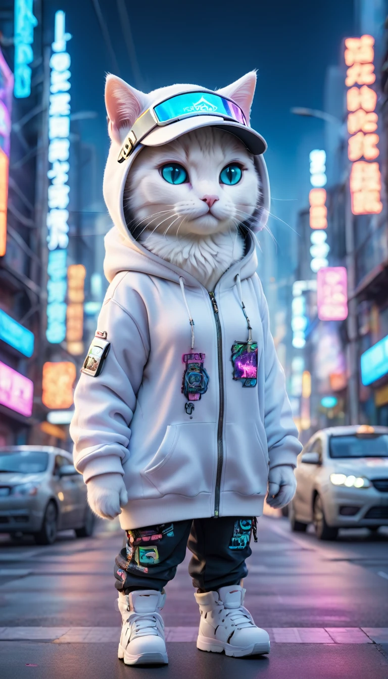 Cute white cat dressed in urban clothing, one hoodie, futuristic visor hat, standing on the road in a hi-tech cityscape with neon lights and holographic signs. Background has a modern, cyberpunk, hi-tech feel. Adorable digital painting, 3D rendering, bright lighting, vibrant colors.