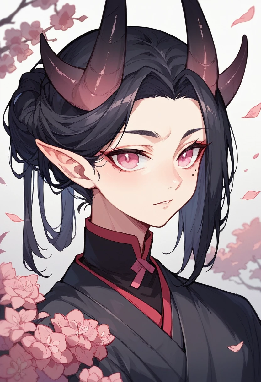 elven ears, dark black hair, long hairstyle, pink eyes, japanese style, japanese black kimono, black horns, a mole under the left eye