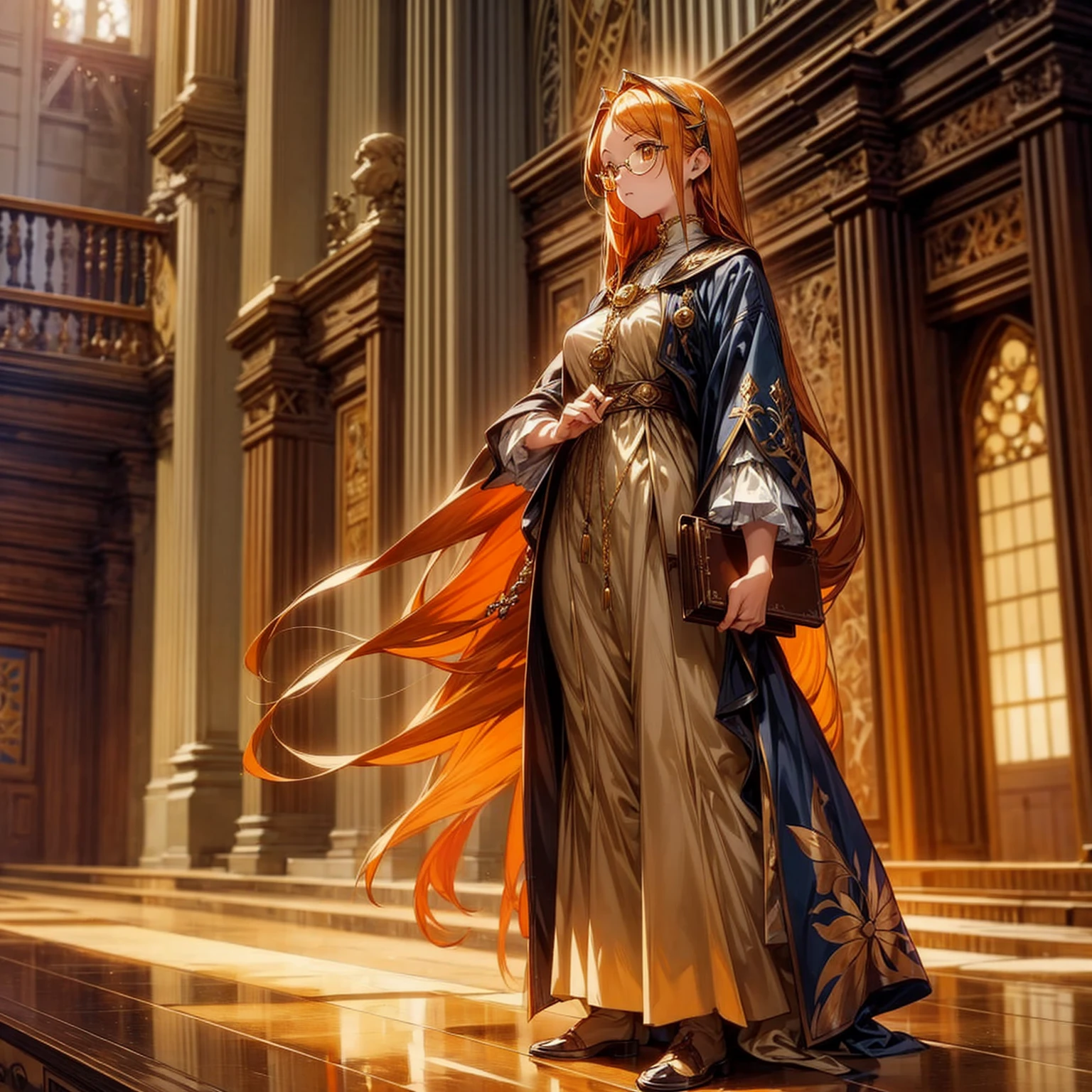 1girl, Full body version, 1character, girl version, almond eyes, long haircut, orange colour hair, sad eyes, glasses, medieval style clothing, gold book in hand, background in indoor Library castle, motion blur, (Hunter x Hunter art), standing gesture