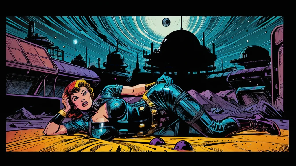 Use this prompt to create an image in the style of 1950s-70s comic book art. Use bold outlines, halftone patterns. Employ intense, saturated colors reminiscent of vintage four-color printing. Maintain a psychedelic, otherworldly atmosphere with swirling, colorful skies and strange celestial bodies. Emphasize the contrast between light and shadow to create a dramatic, pulp sci-fi feel. Create an image of:  a sexy space girl in a tight coverall, large breasts, full body photo, firing a raygun