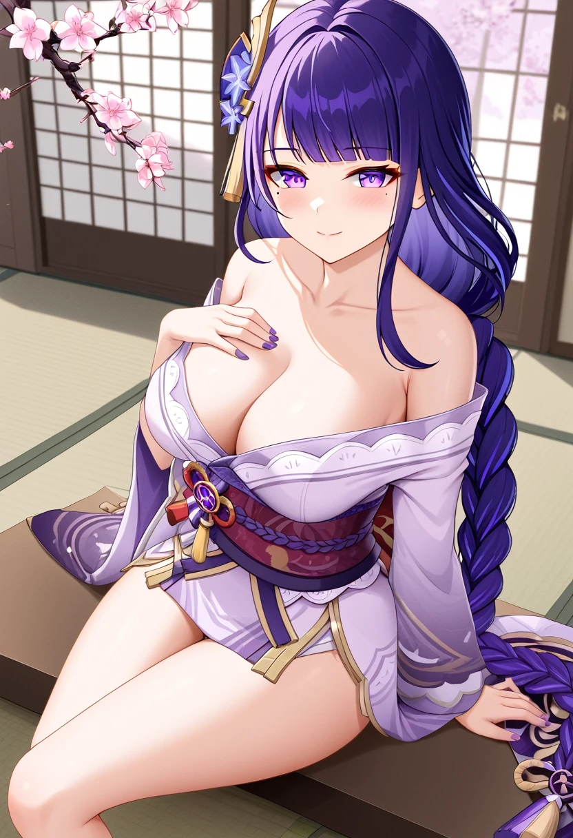 raiden shogun, 1girl, solo, long hair, breasts, looking at viewer, blush, smile, bangs, large breasts, hair ornament, cleavage, bare shoulders, sitting, closed mouth, purple eyes, collarbone, purple hair, braid, flower, thighs, japanese clothes, indoors, kimono, off shoulder, nail polish, mole, sash, mole under eye, obi, hand on own chest, tassel, braided ponytail, purple nails, vision (genshin impact), purple kimono, obijime