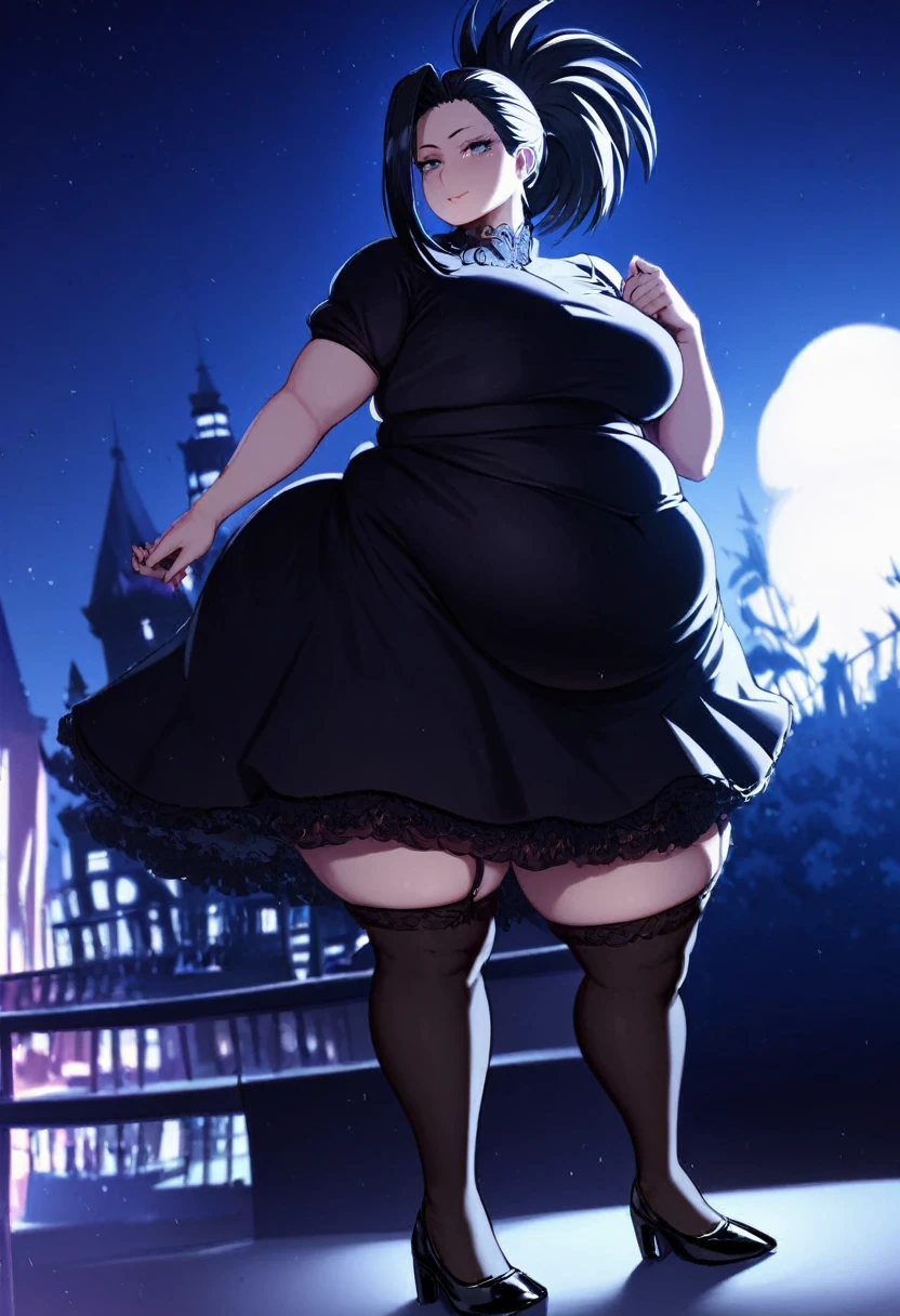 Momo Yaoyorozu from My Hero Academy, girl fat, obese body, big belly, sexy, stockings, black hair, short night dress, night club, night, dark dress, black dress, black stockings, black and black shoes, (Masterpiece:1.2), best quality, high resolution, beautifully detailed, extremely detailed, perfect lighting,
