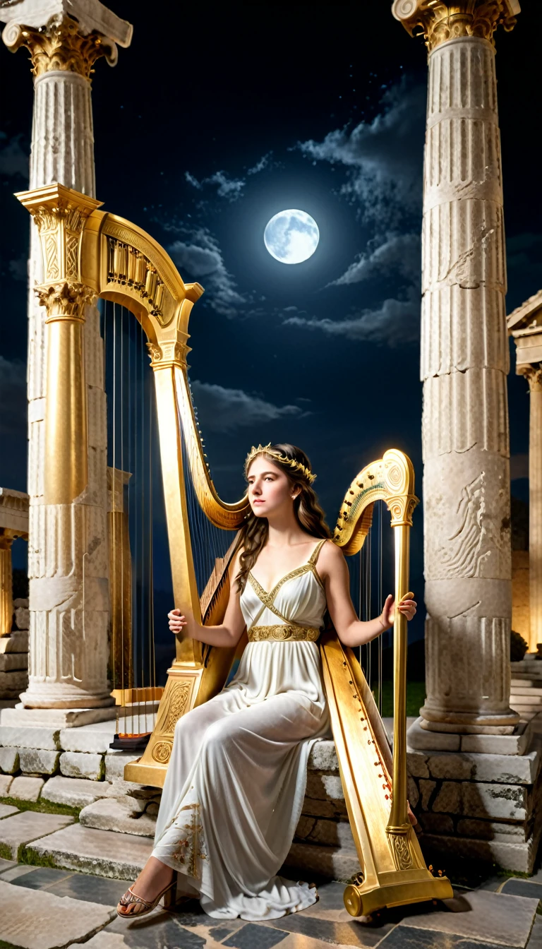 a young priestess, sitting, she places a harp larger than herself in front of him and plays it, playing a large lyre, ancient Greek temple, late at night, inside the temple it is (dark:1.3) and there is (no lighting:1.2), the moonlight shines in at an angle, shining a faint light on her., highly detailed, photorealistic, realistic lighting, intricate architecture, ornate decorations, cool color palette, golden accents, soft fabric textures, mesmerizing expression, elegant pose, cinematic composition, natural lighting, realistic shadows, mystical atmosphere, hyperrealistic, award-winning art