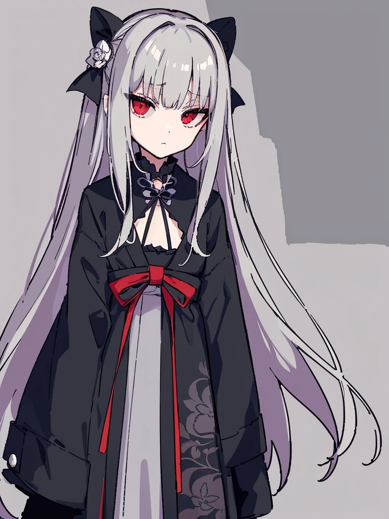 （high quality），（masterpiece），Gray Hair，Girl，Poker face，flat chest，Black Kimono，serious，独奏，coat,red eyes，expressionless, expressionless eyes,Pixel Art