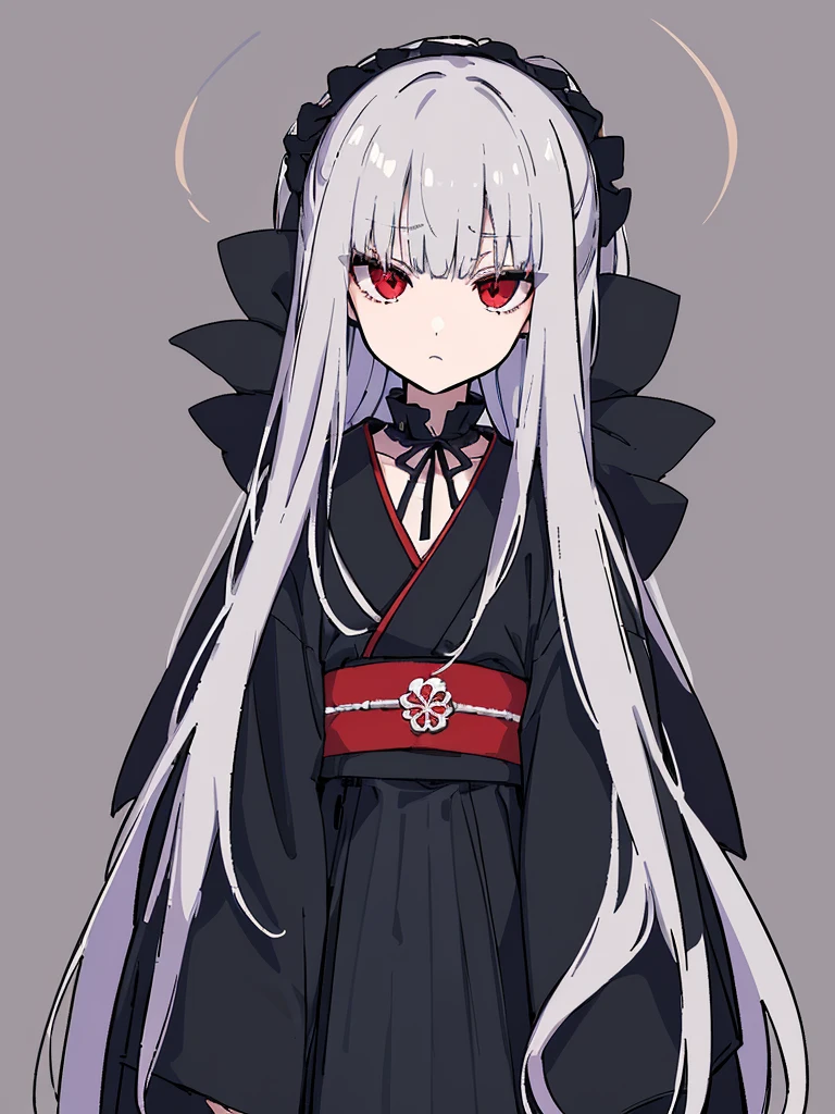 （high quality），（masterpiece），Gray Hair，Girl，Poker face，flat chest，Black Kimono，serious，独奏，coat,red eyes，expressionless, expressionless eyes,Pixel Art