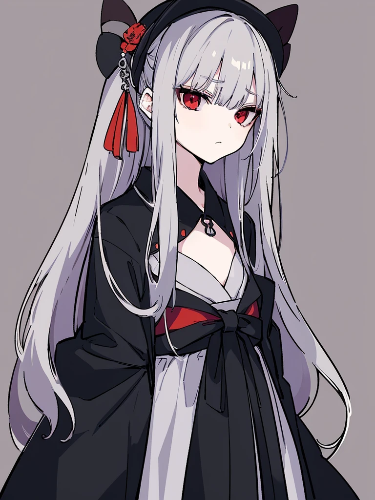 Make me an anime character who is a man with white hair and who is dressed as kimetsu no yaiba with a black and red haori,white skin with a combined katana 