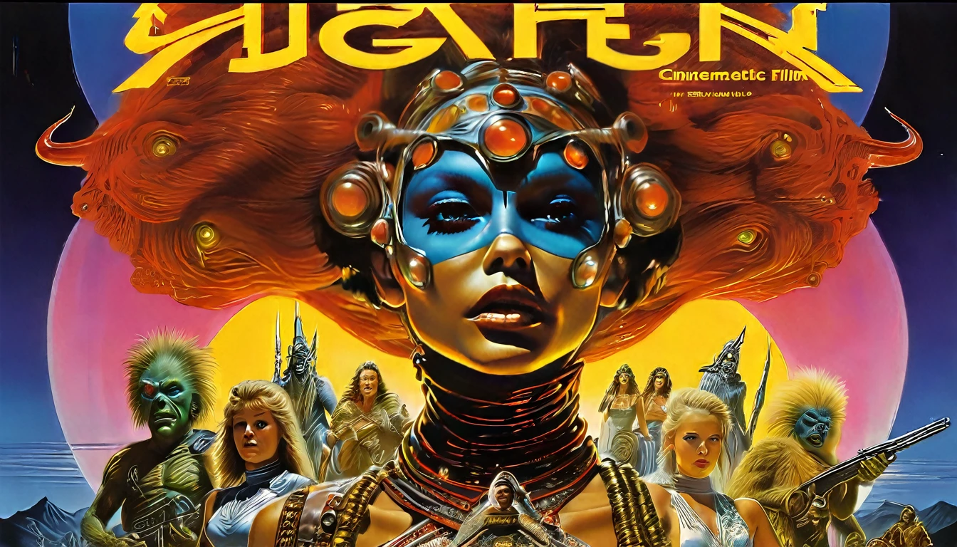 a movie poster for slave girls from beyond infinity, inspired by Clyde Caldwell, futuristic apocalypse, stalenhag, metal album cover, gwar, heavy metal band promo, wayne barlowe pierre pellegrini, retro sci fi, movie poster with no text, movie poster promo, ultra detailed, complex, sharp focus, object texture, studio photo, intricate details, highly detailed, Real Photo style, hyper-realistic, high dynamic range, rich colors, realistic textures, 8K uhd, high color depth, Nikon D 850, Kodak 400 port, fujifilm XT, (cinematic film:3.1)