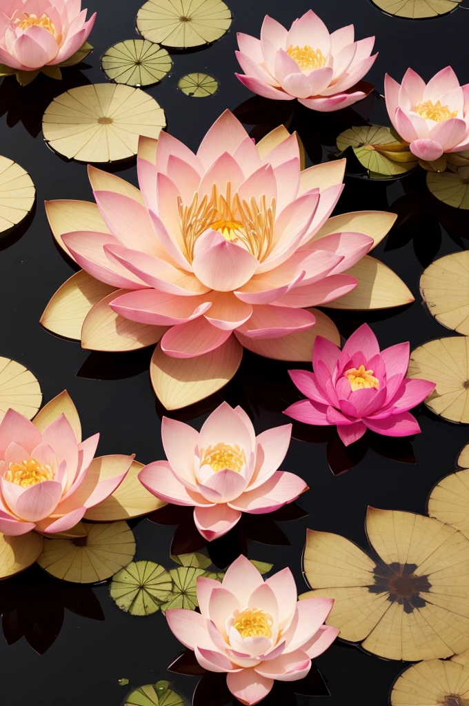 Create image of a lotus flower in glass colors shades of pink and gold black and blue background image top view