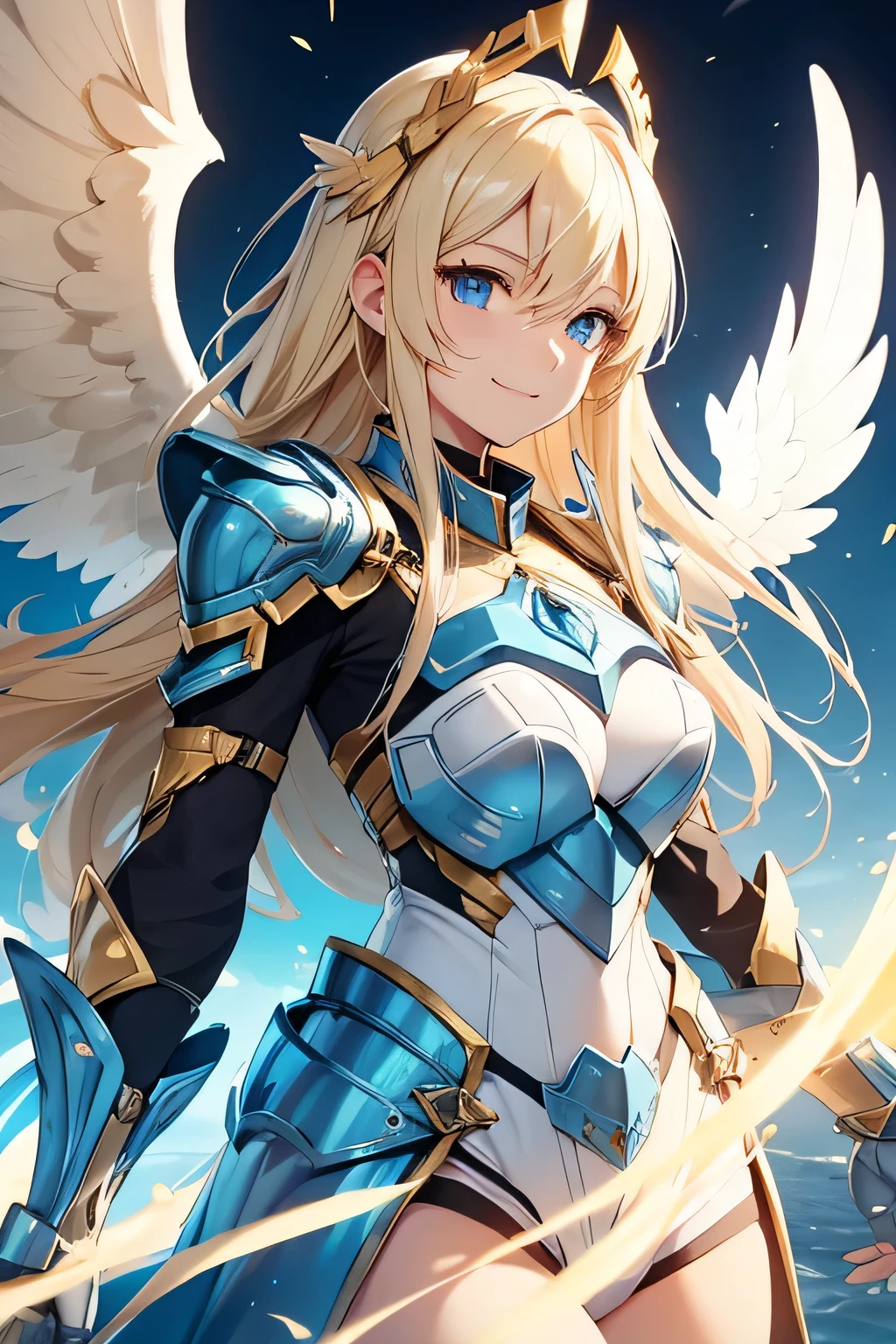 woman, 18 years old, long blonde hair, light blue eyes. Golden and blue armor, wings and angel halo, energetic open smile.