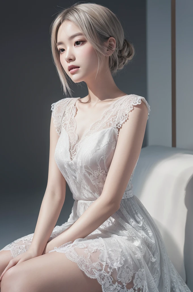 A beautiful Japanese girl is depicted in a vertical, ultra-realistic illustration, sitting gracefully against a minimalistic background. She has short, silver hair that frames her face, with a serene and introspective expression. She wears a thin, black lace dress with intricate details, accentuating her delicate figure. Her pose is gentle, with one hand resting on her knee and the other softly placed beside her.
The background is a stark, white space with abstract, wire-like structures surrounding her, adding a surreal and modern touch. The artist employs digital painting techniques to achieve high detail and realism, particularly in the textures of her hair, skin, and the lace fabric of her dress. The soft lighting casts subtle shadows, enhancing the ethereal and contemplative mood of the scene.