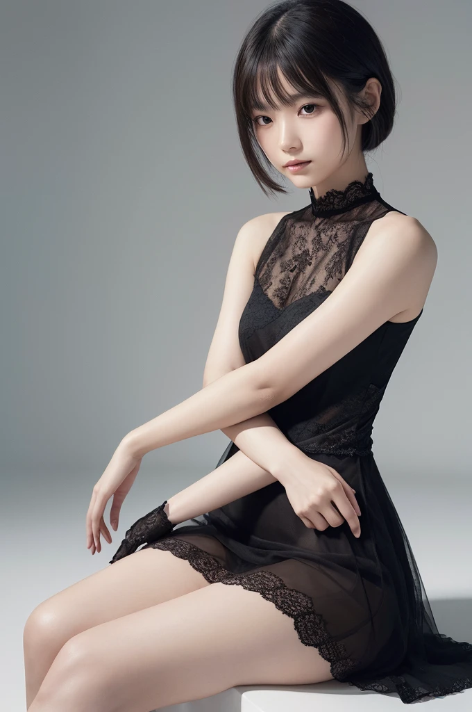 A beautiful Japanese girl is depicted in a vertical, ultra-realistic illustration, sitting gracefully against a minimalistic background. She has short, silver hair that frames her face, with a serene and introspective expression. She wears a thin, black lace dress with intricate details, accentuating her delicate figure. Her pose is gentle, with one hand resting on her knee and the other softly placed beside her.

The background is a stark, white space with abstract, wire-like structures surrounding her, adding a surreal and modern touch. The artist employs digital painting techniques to achieve high detail and realism, particularly in the textures of her hair, skin, and the lace fabric of her dress. The soft lighting casts subtle shadows, enhancing the ethereal and contemplative mood of the scene.