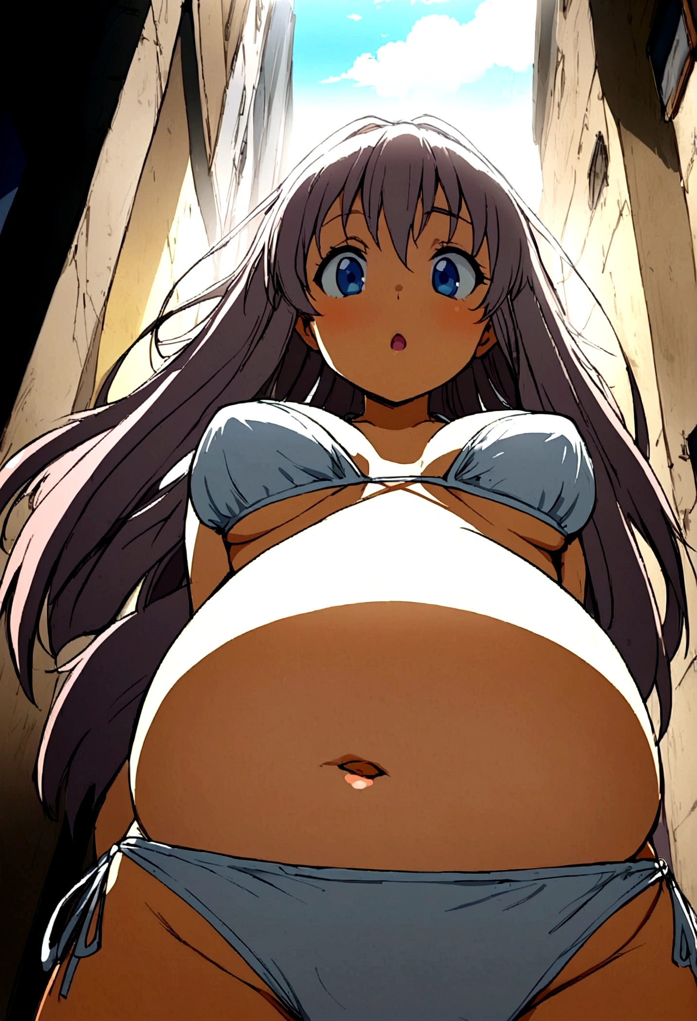1 girl, alone pregnant bikini small bare belly low angle shot giantess anime