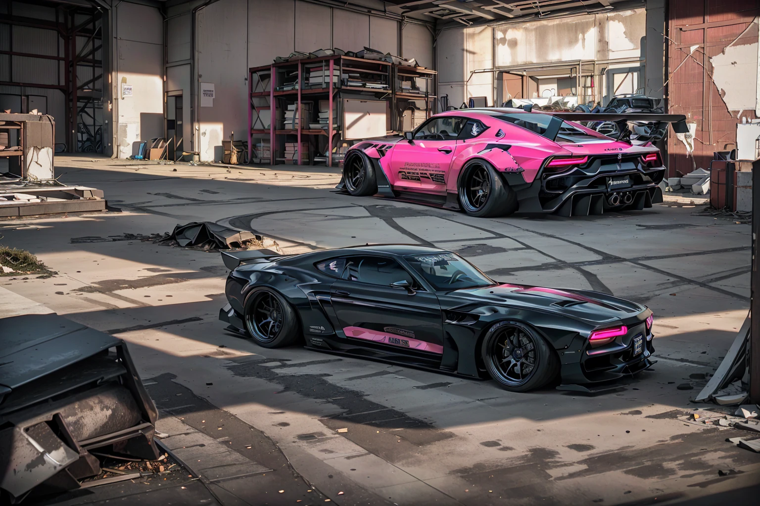 Supercar concept art((pink and black paintwork)), LB-Silhouette WORKS body kit, Forza horizon, gran Turismo aesthetic, trending on artstation, cgsociety, side angle shot, custom design build, cinematic composition, sd HDR studio light, sharp details, crisp, accurate, meticulous, assaul vehicle, military grade, 3ds max, corona render, sharp, focus, menacing look, large rear spoiler, high performance enhanced exhaust system, ((liberty walk body kit)); photo realistic, insanely detailed, ray tracing, subsurface scattering 8k, ((parked in an abandoned warehouse, derelict and lifeless space)), directional lighting, hazy and atmospheric, ominous, stealth built, highly detailed racing interior,
