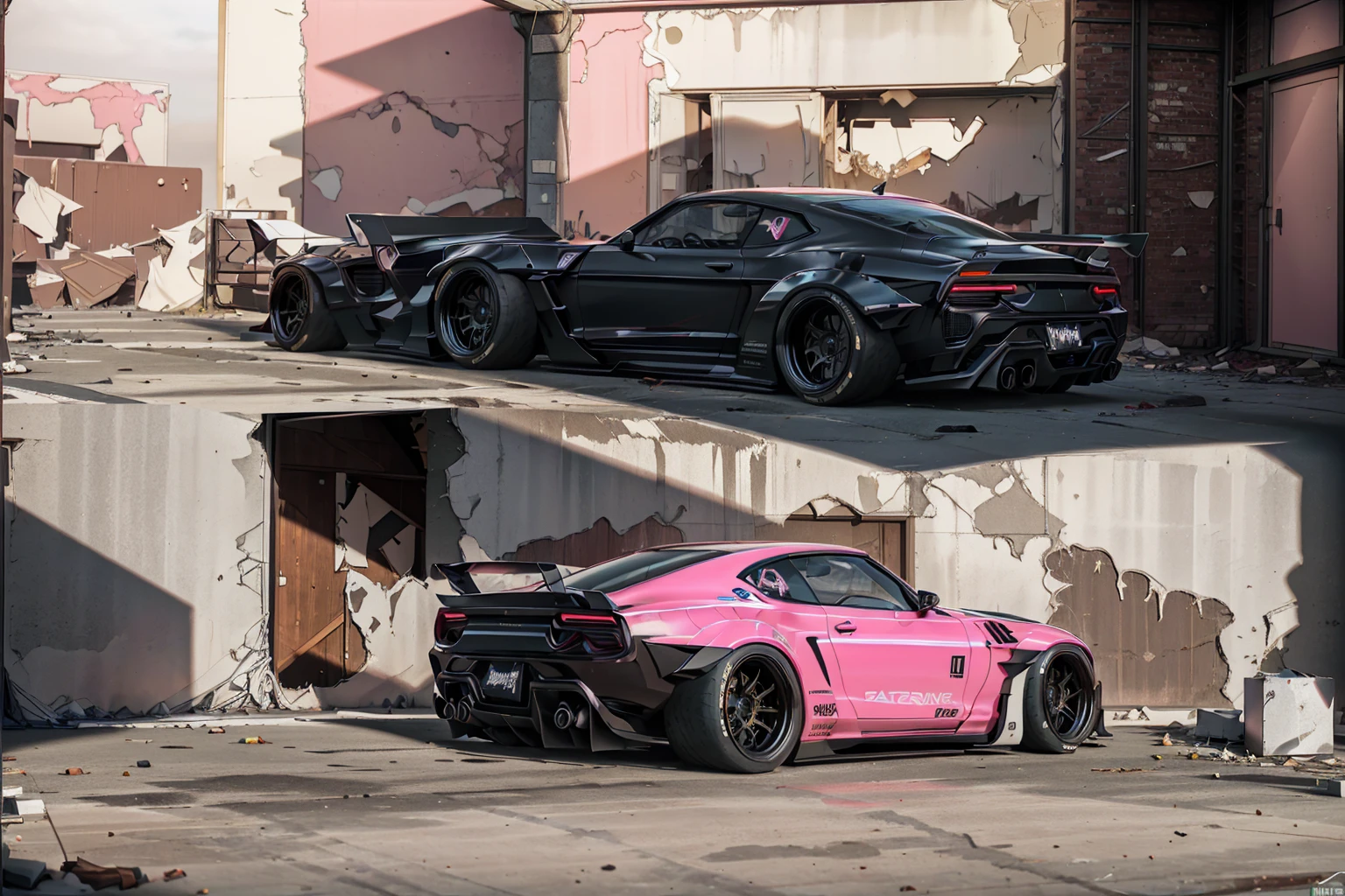 Supercar concept art((pink and black paintwork)), LB-Silhouette WORKS body kit, Forza horizon, gran Turismo aesthetic, trending on artstation, cgsociety, side angle shot, custom design build, cinematic composition, sd HDR studio light, sharp details, crisp, accurate, meticulous, assaul vehicle, military grade, 3ds max, corona render, sharp, focus, menacing look, large rear spoiler, high performance enhanced exhaust system, ((liberty walk body kit)); photo realistic, insanely detailed, ray tracing, subsurface scattering 8k, ((parked in an abandoned warehouse, derelict and lifeless space)), directional lighting, hazy and atmospheric, ominous, stealth built, highly detailed racing interior,
