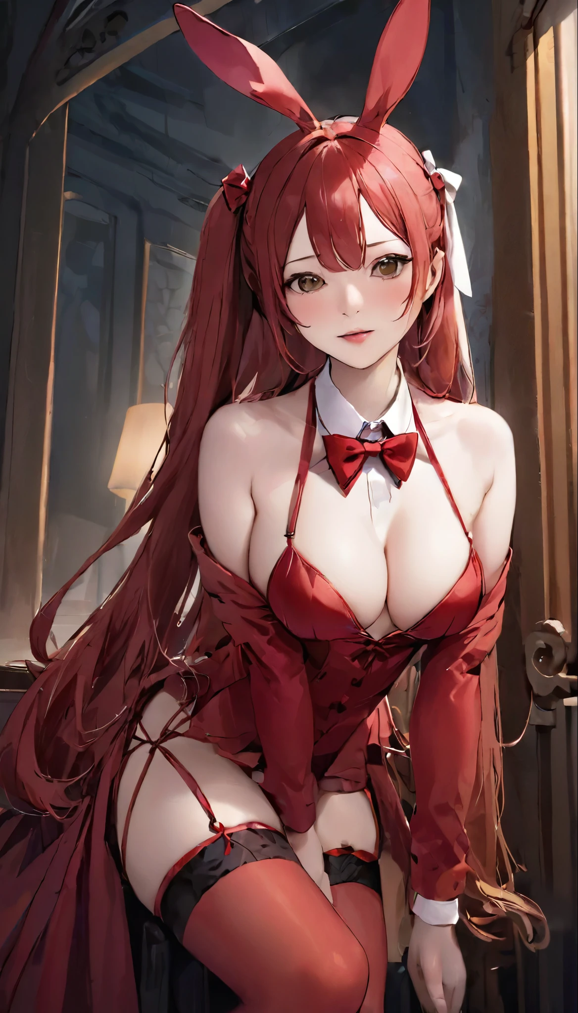 Bunny girl、Perfect Anatomy、One Woman、Black Costume、Black Stockings、Attractive ass、Thong ass、、Dim lighting、Natural look、Enchanted Room、eroticism、highest quality、highest quality、Masseter muscle area:1.3、High quality details、８ｋ