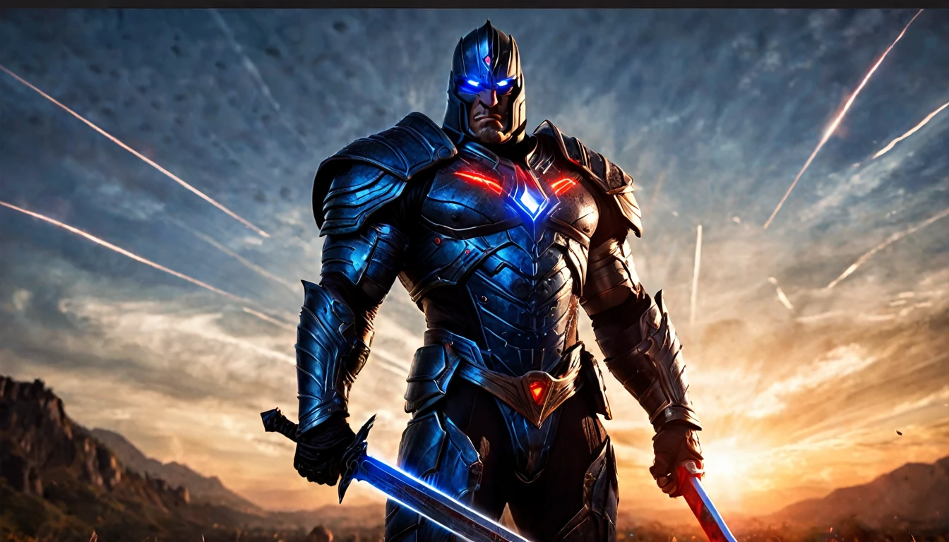 Darkseid, (DC comic character), super muscular body on steroids, red laser beams coming out of his eyes, lots of energy, great destructive glow. blue medieval armor legendary sword in his hand, (sunset), dark fantasy image, ethereal atmosphere, cinematic lighting, photorealistic, (best quality, 8k, high resolution, masterpiece: 1.2), ultra detailed, realistic, photorealistic: 1.37, spectacular lighting, moody, fantasy, conceptual art (16:9 rectangular image)