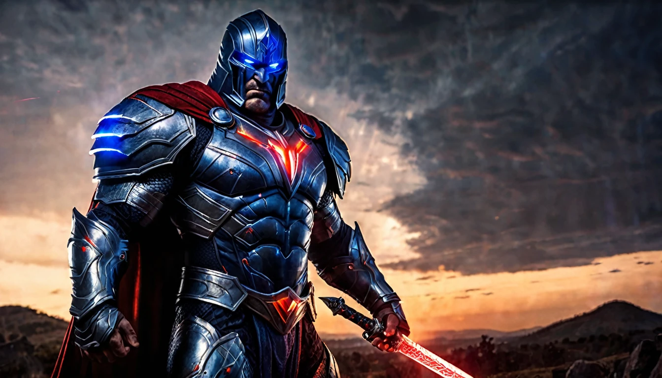 Darkseid, (DC comic character), super muscular body on steroids, red laser beams coming out of his eyes, lots of energy, great destructive glow. blue medieval armor legendary sword in his hand, (sunset), dark fantasy image, ethereal atmosphere, cinematic lighting, photorealistic, (best quality, 8k, high resolution, masterpiece: 1.2), ultra detailed, realistic, photorealistic: 1.37, spectacular lighting, moody, fantasy, conceptual art (16:9 rectangular image)