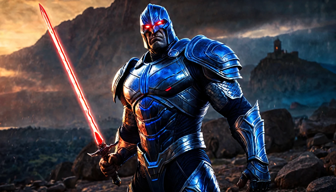 Darkseid, (DC comic character), super muscular body on steroids, red laser beams coming out of his eyes, lots of energy, great destructive glow. blue medieval armor legendary sword in his hand, (sunset), dark fantasy image, ethereal atmosphere, cinematic lighting, photorealistic, (best quality, 8k, high resolution, masterpiece: 1.2), ultra detailed, realistic, photorealistic: 1.37, spectacular lighting, moody, fantasy, conceptual art (16:9 rectangular image)
