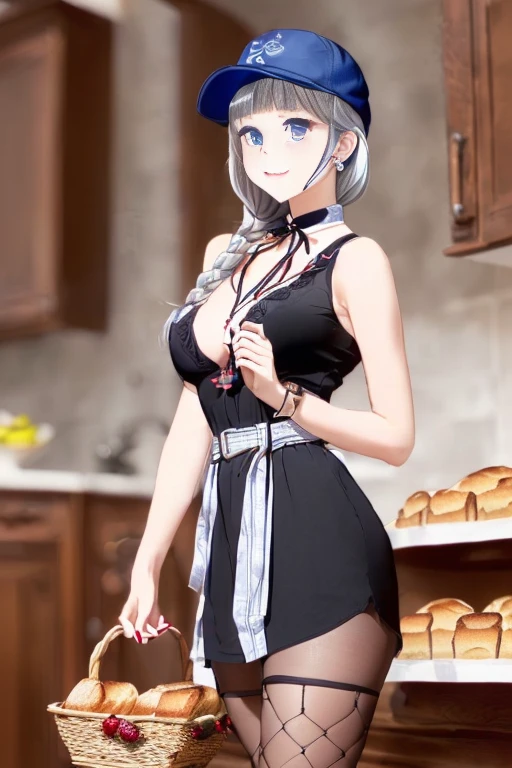 (perky chest:1.2), (pointed chest:1.2),(Pudding cake magazine cover:1.3),(from below:1.2),(shoot from the side:1.1),(((Black Tunic:1.3))),(((cakes and bread in the basket),a 23yo Cute and beautiful girl,masterpiece、highest quality、Very detailed、Beautiful fine details、Detailed landscape、Braided Ponytail、Red camisole、((B cup breasts, Tank top showing underboob:1.0)), thigh strap, bangs, necktie, earrings, nail polish, fishnet pantyhose, silver hair, looking at viewer, full body, bottle, own hands together, belt, food, ring, choker, english text paper:1.2, collared shirt, blue eyes, hat,lace-up boots ,